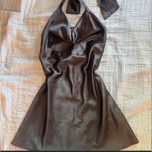 canton walker black silk cowl neck halter dress  with open back size s